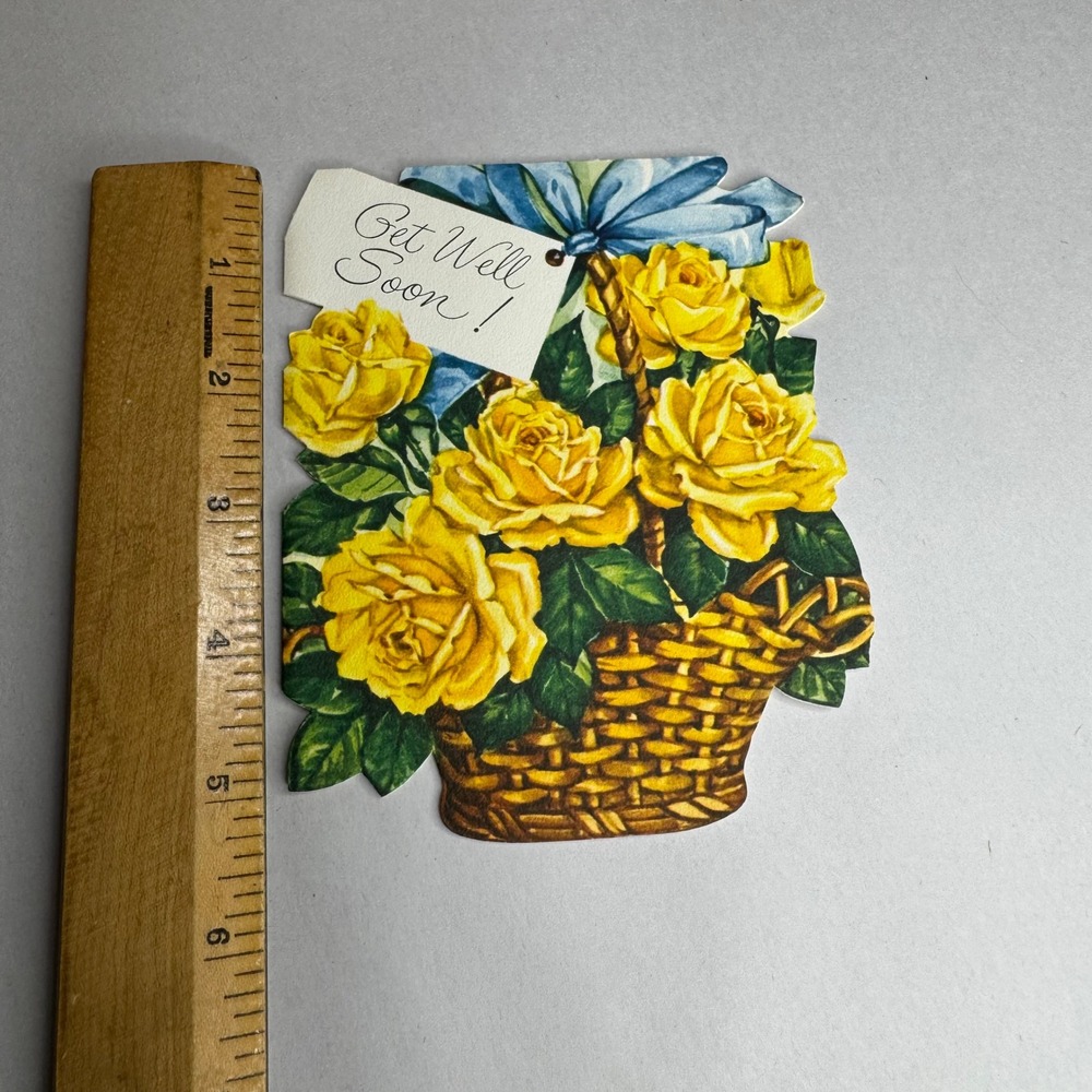 Vintage‎ Sangamon Get Well Soon Card Yellow Roses Basket Die Cut 5-1330 USA Made